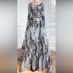 Grey Long Sleeves With Overskirt  Evening Dresses Gowns